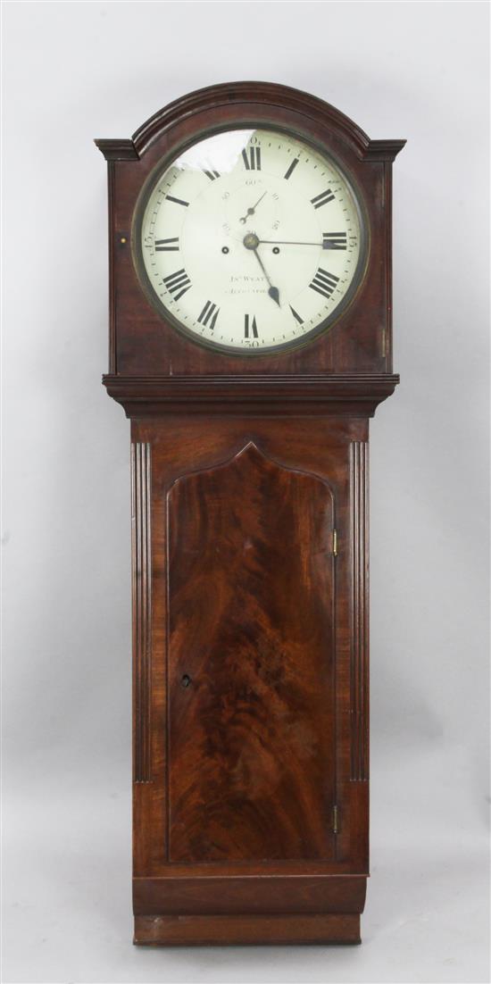 Jno. Wyatt of Altrencham. A Regency mahogany drop dial wall clock height 4ft 8in.